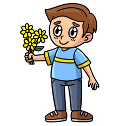 Boy Holding Flowers Cartoon Colored Clipart