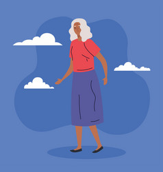 Cute Old Woman Afro Walking On Blue Background