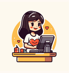 Girl Working At The Computer With A Red Heart