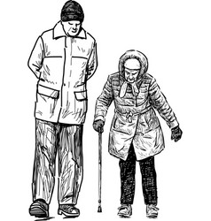 Sketch Of Couple Old Spouses Walking Outdoors