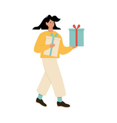 Cartoon Woman Carrying Few Gift Box Flat