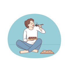 Woman Sit On Floor Eating Sushi