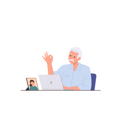 Happy Senior Man Cartoon Character Using Laptop