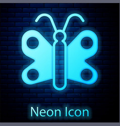 Glowing Neon Butterfly Icon Isolated On Brick Wall