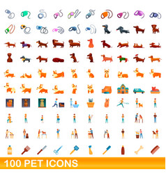 100 Pet Icons Set Cartoon Style