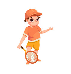 Happy Boy Character Play Tennis Do Sport