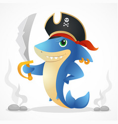 Serious Cartoon Shark Pirate Mascot Holding Saber