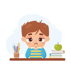 Sad Pensive Boy At Table With Books