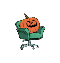 Halloween Pumpkin Is Sitting In A Chair Isolate