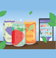 Soda Cans Grape Strawberry Orange And Fridge