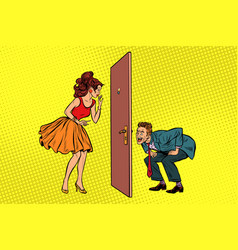 Man And Woman Looking Through A Door Peephole