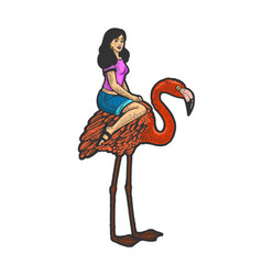 Girl Ride Flamingo Bird Color Sketch