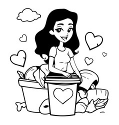 Girl With Trash Bin And Hearts In Cartoon Style