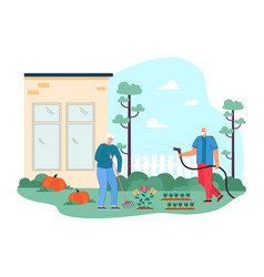 Cartoon Grandparents Working In Garden Together