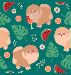 Seamless Pattern Of Dog Pomeranians Monstera