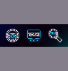 Set Line Magnifying Glass And Taxi Car Steering