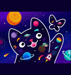 Cartoon Space Cat Chasing A Butterfly In Galaxy