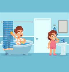 Cartoon Bath Children Take Water Treatments Boy