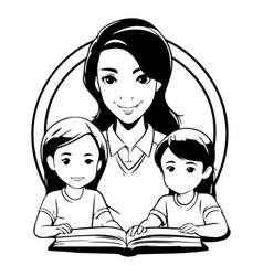 Mother And Children Reading A Book In Cartoon