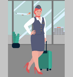 Stewardess In Blue Uniform With Suitcase