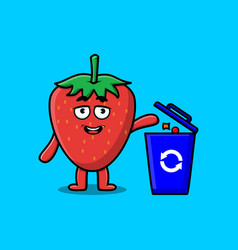 Cute Cartoon Strawberry Throwing Trash In Trash