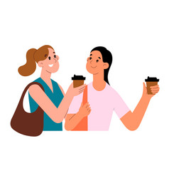 Two Women Walk And Talk Drinking Coffee-to-go