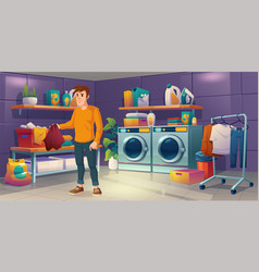 Man In Laundry Room With Machine And Iron Cartoon