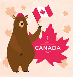 Cute Bear Animal Cartoon Holding A Flag Of Canada