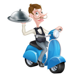 Cartoon Butler On Scooter Moped Delivering Food