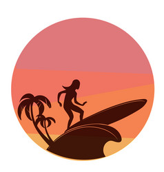 Silhouette Of Surfing Young Woman With Colorful