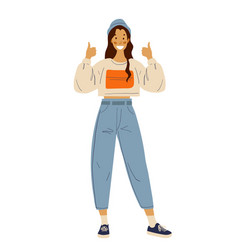 Modern Stylish Girl Student Shows Thumb Up Gesture