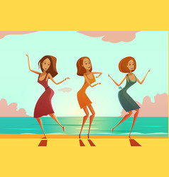 Women Dancing On Beach Cartoon Poster