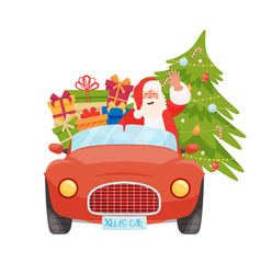 Santa Driving Xmas Red Car With Christmas Pine