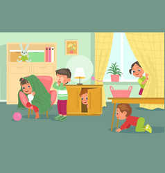 Cute Kids In Room Happy Friends Playing Hide