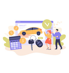 Tiny Man And Woman Buying Car Via Internet Shop