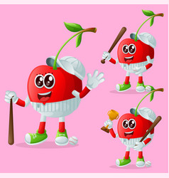 Cute Cherry Characters Playing Baseball