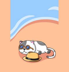 Cute Cat Sunbathing On The Beach Cartoon