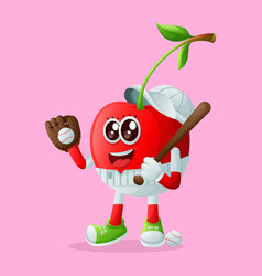 Cute Cherry Character Playing Baseball