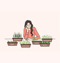 Woman Growing Microgreen And Herbs In Pots