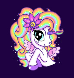 Cute Unicorn With A Rainbow Mane On Dark