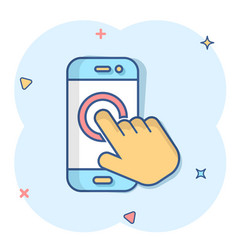 Hand Touch Smartphone Icon In Comic Style Phone