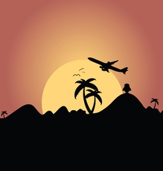 Airplane Flying Over Mountain With Palm Silhouette