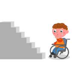 Sad Boy In Wheelchair Looking At Stairs