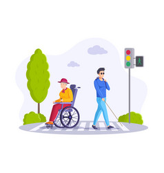 Two Disabled People Walking Crossing Avenue Road