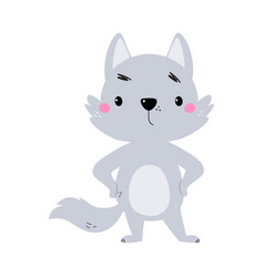 Cute Little Wolf Cub With Grey Coat Standing