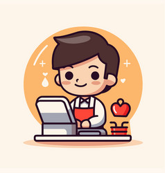 Cute Boy Working At The Computer Flat Cartoon