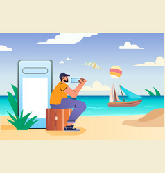 Man Traveler Using Smartphone On Tropical Beach