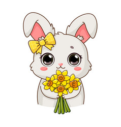 Sticker With Cute Rabbit Holding Bouquet Of