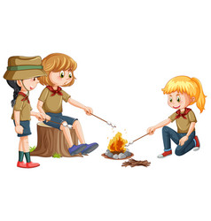 Camping Kids Roasting Marshmallow On Campfire