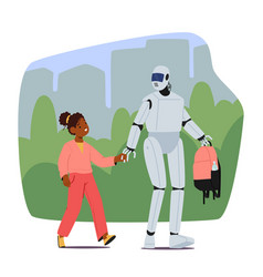 Robot Walk To School With A Delighted Child